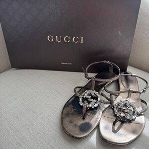 Gucci Metallic Bronze Crystal T-Strap Sandals